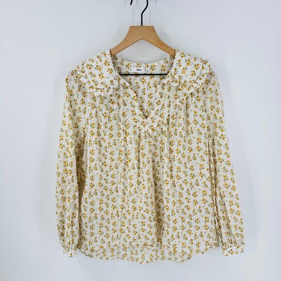 MNG Mango Floral Ruffle Collar Blouse Cream Yellow Ditsy Print Top Size 2 - Picture 1 of 8